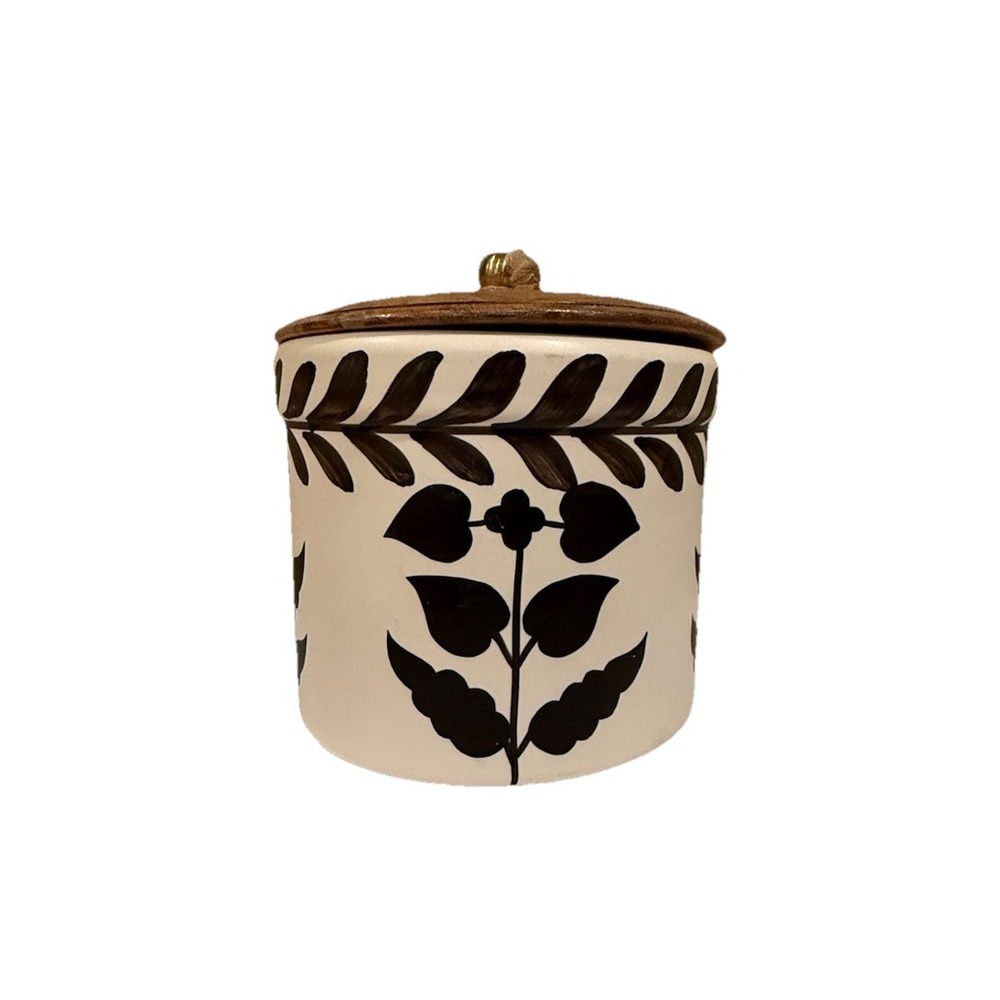 Made in India canister with brown flowers and leaves and wooden top viral‎ HTF